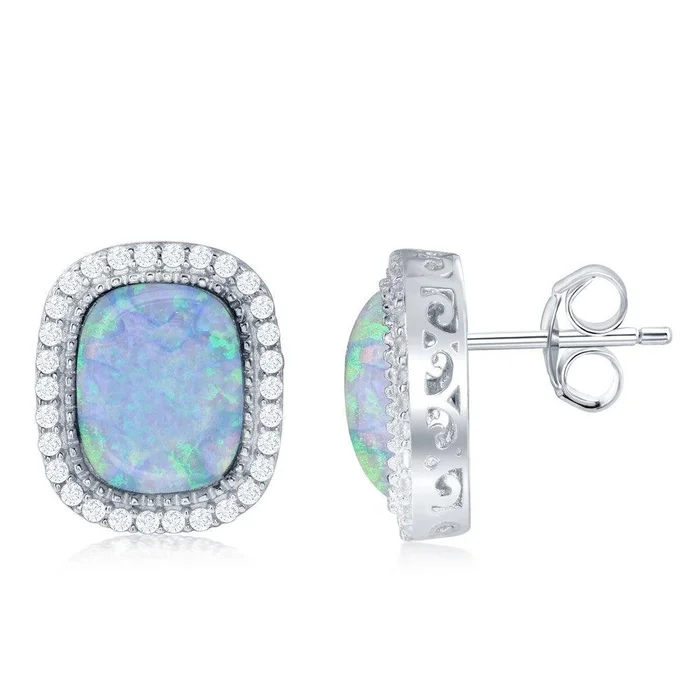 Sterling Silver White Opal with CZ Border Earrings