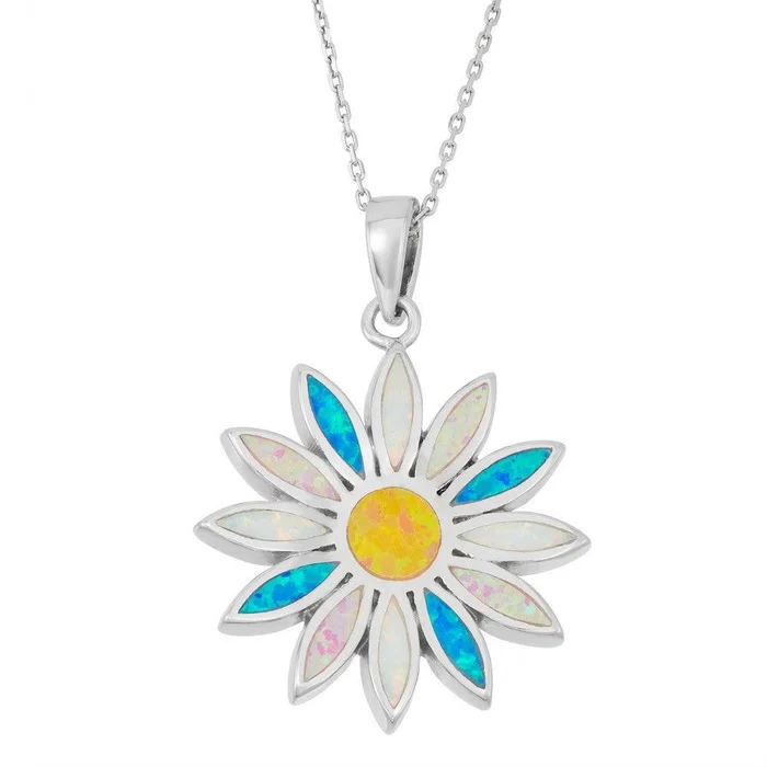 Sterling Silver White; Pink; and Blue Inlay Opal Sun Pendant