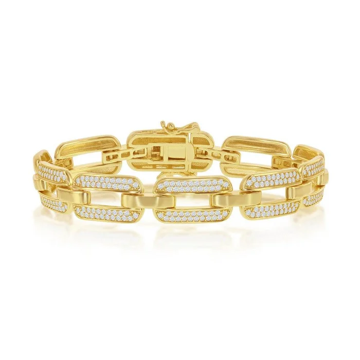 Sterling Silver Wide CZ Linked Bracelet – Gold Plated