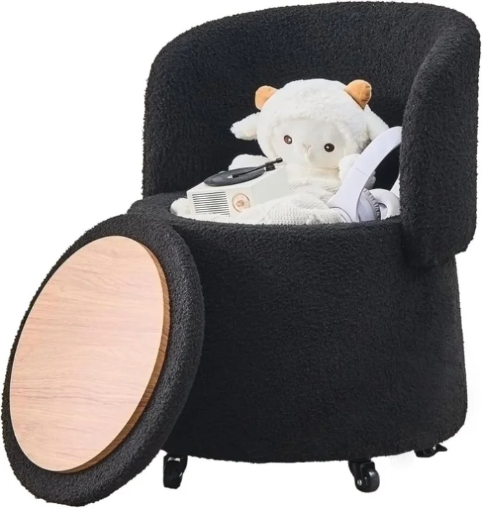 Storage Ottoman Foot Rest Round Footstool Teddy Velvet Footrest with Wheels Vanity Stool Black 54604295