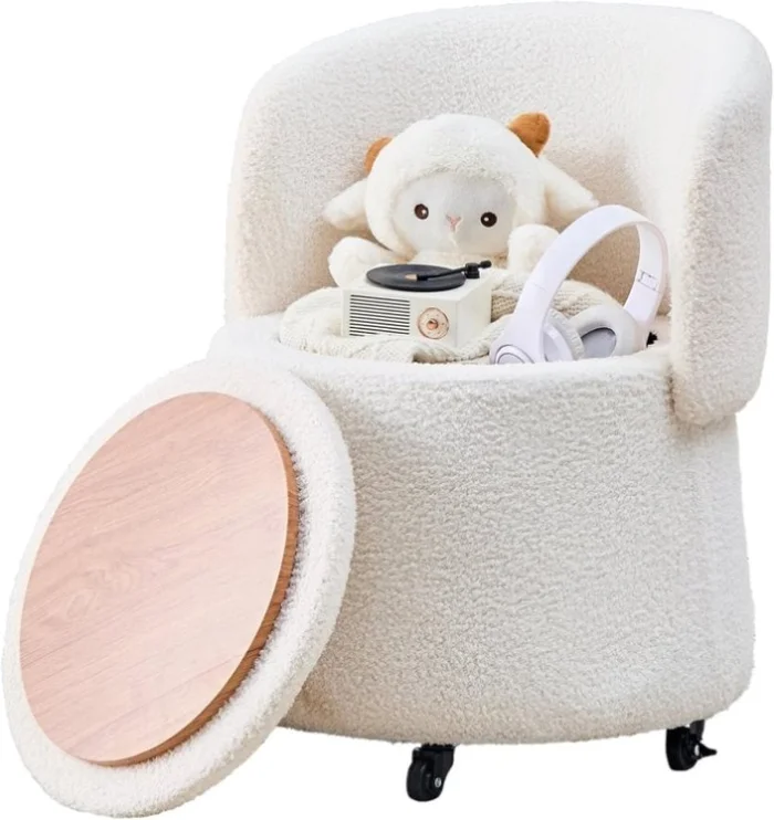 Storage Ottoman Foot Rest Round Footstool Teddy Velvet Footrest with Wheels Vanity Stool White 27021123