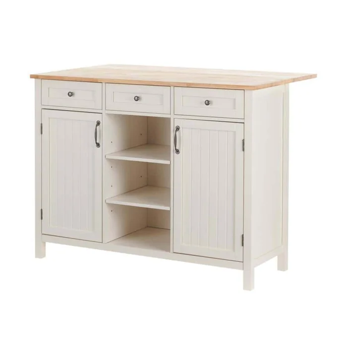 StyleWell Bainport Ivory Wooden Kitchen Island with Natural Butcher Block Top and Storage (48″ W)