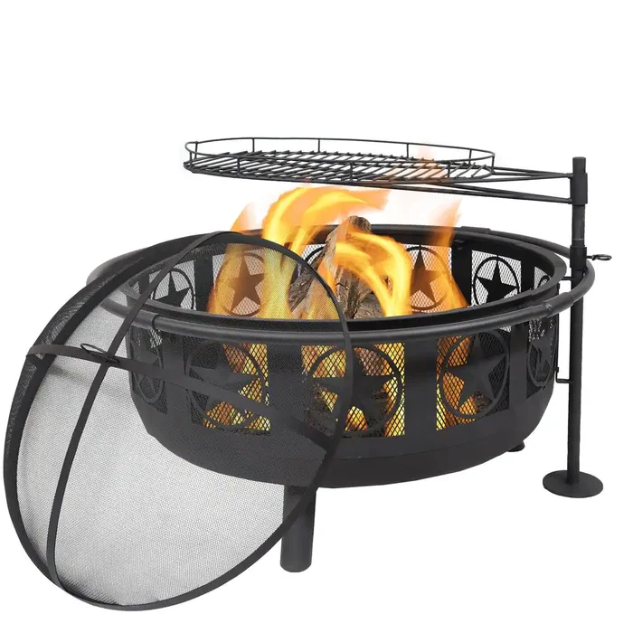 Sunnydaze Decor KF-ASFP-BLK 36 in. W x 22.5 in. H Round Steel Wood Burning Fire Pit with Cooking Grate and Spark Screen