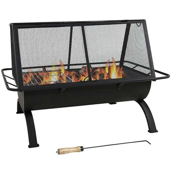 Sunnydaze Outdoor Camping or Backyard Rectangular Northland Fire Pit with Cooking Grill Grate, Spark Screen, Log Poker, and Fire Pit Cover – 36″
