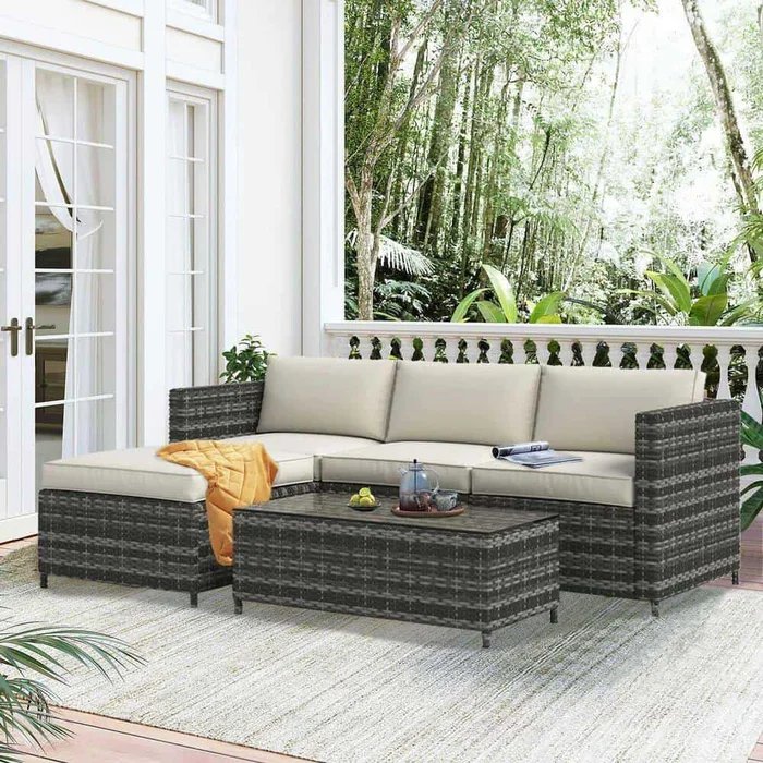 SUNVIVI Brushed Mixed Gray 5-Piece Wicker Outdoor Sectional Rattan Sofa Sets, Couch Conversation Set & Table with Grey Cushions