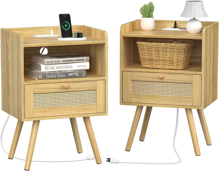 SUPERJARE Nightstands Set of 2, Night Stands with Charging Station & PE Rattan Decor Drawer – Natural