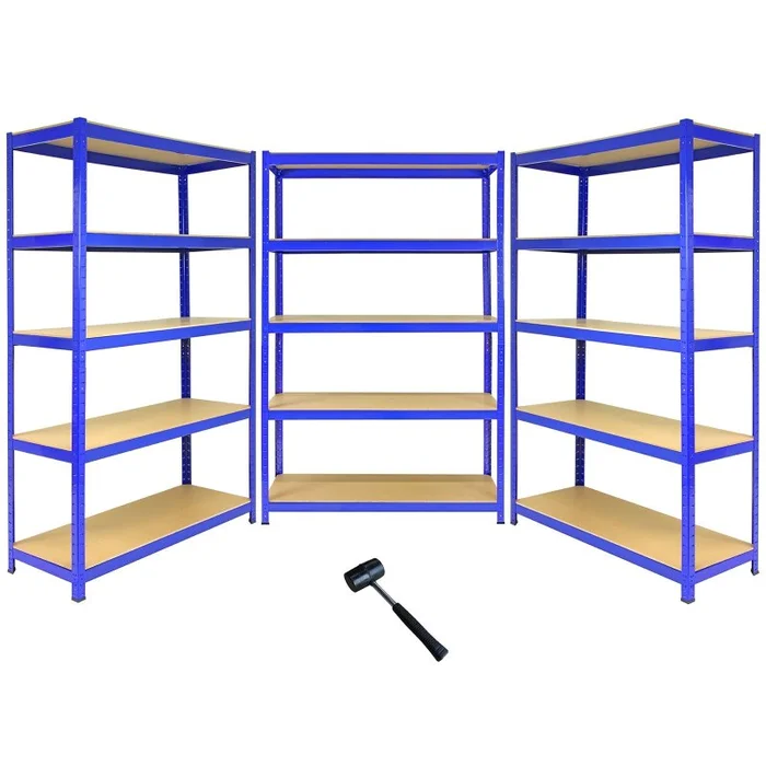 T-Rax Pack of 3 Garage Shelving Unit Extra Wide – 5 Tier Heavy Duty Rack for Storage Steel Utility Shelves | Metal & MDF Boltless Racking Assembly System | 360KG Per Shelf, Blue + FREE Rubber Mallet