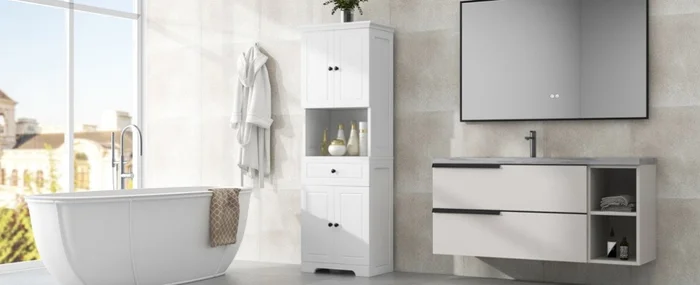 Tall Bathroom Cabinet with Four Doors, Large Storage Space Open Shelve, Upper Storage Cabinet, White GL-N725P188459K