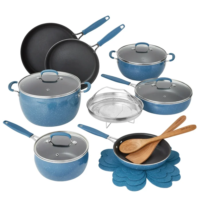 The Pioneer Woman Frontier Speckle 18 Piece Nonstick Aluminum Cookware Set, Blue