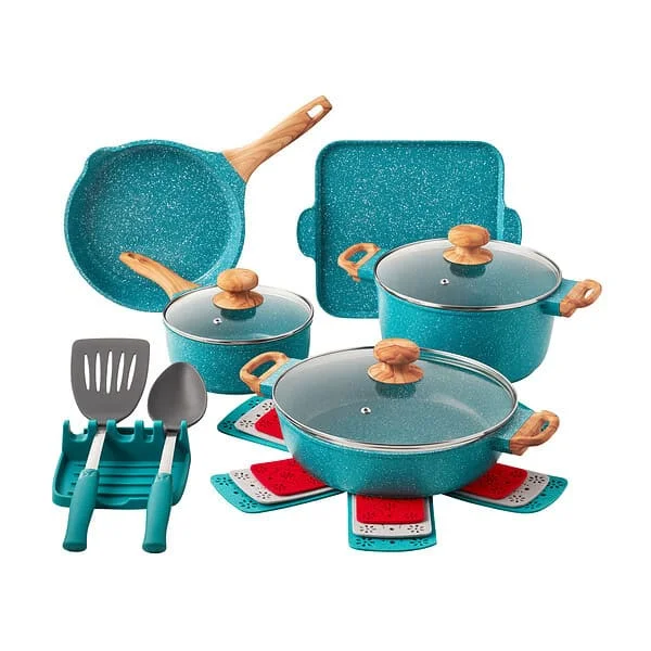 The Pioneer Woman Prairie Signature 14-Piece Cast Aluminum Cookware Set, Teal Speckle