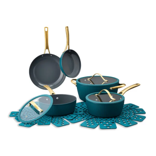 Thyme & Table Signature Ribbed 12-Piece Cookware Set Non-Stick – Peacock Blue