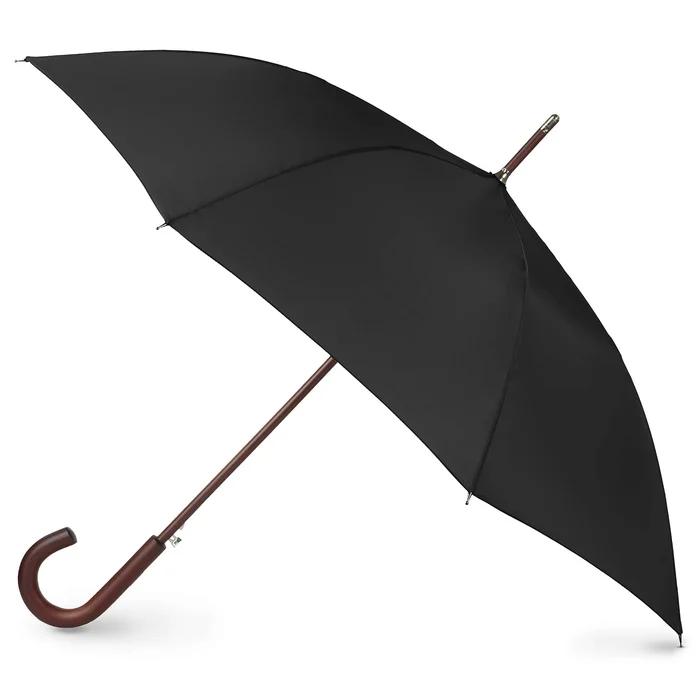 Totes Eco Auto Open Umbrella Classic Wooden J Stick Handle with Easy Grip – Black