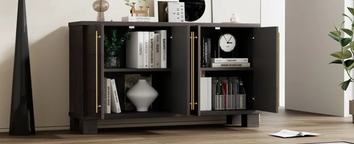 TREXM Wood Traditional Style Sideboard with Adjustable Shelves and Gold Handles for Kitchen, Dining GL-N715P232696N