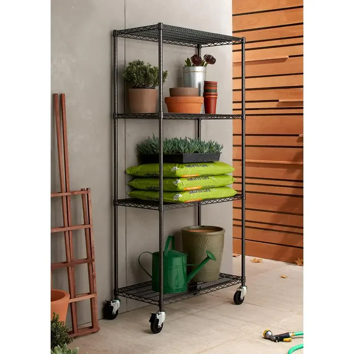 TRINITY TBFPBA-0920 PRO Black 4-Tier Rolling Steel Wire Garage Storage Shelving Unit (36 in. W x 77 in. H x 18 in. D)