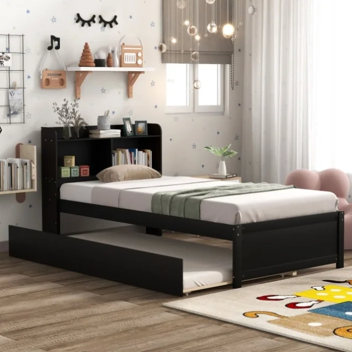 Twin Bed with Trundle,Bookcase,Espresso 74037442