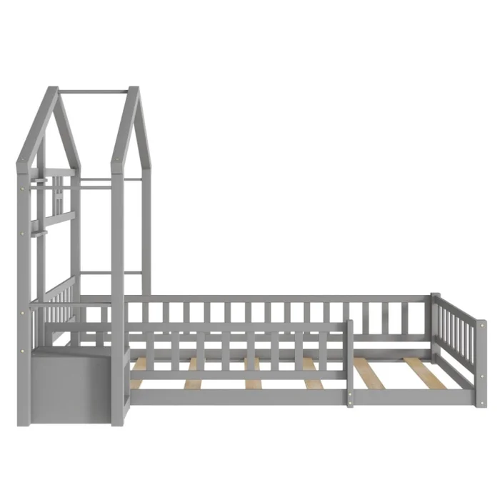 Twin Size House Shape Headboard Floor Bed with Guardrails, Slats Support, Nightstand ,Gray GL-W504126425