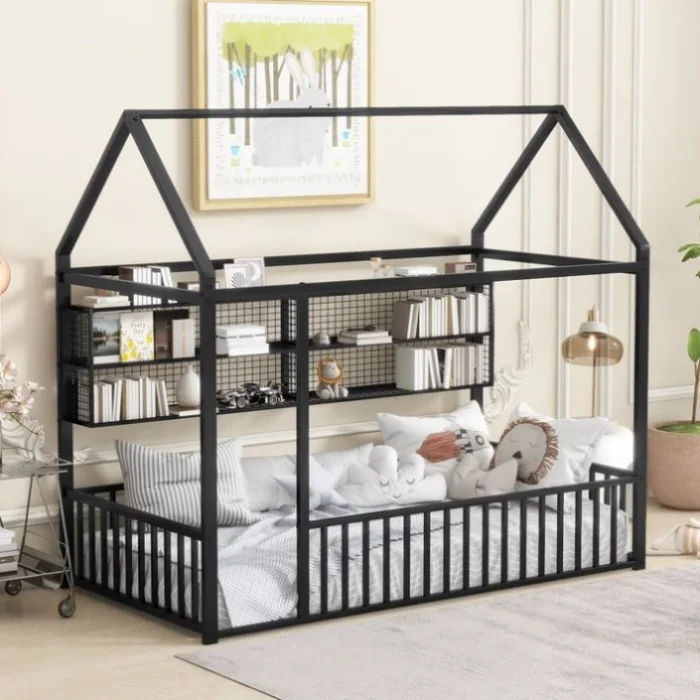 Twin Size Metal Bed House Bed Frame with Fence and Shelves, Black GL-N737P175360B