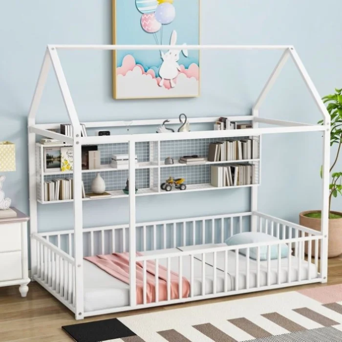 Twin Size Metal Bed House Bed Frame with Fence and Shelves, White GL-N737P175360K