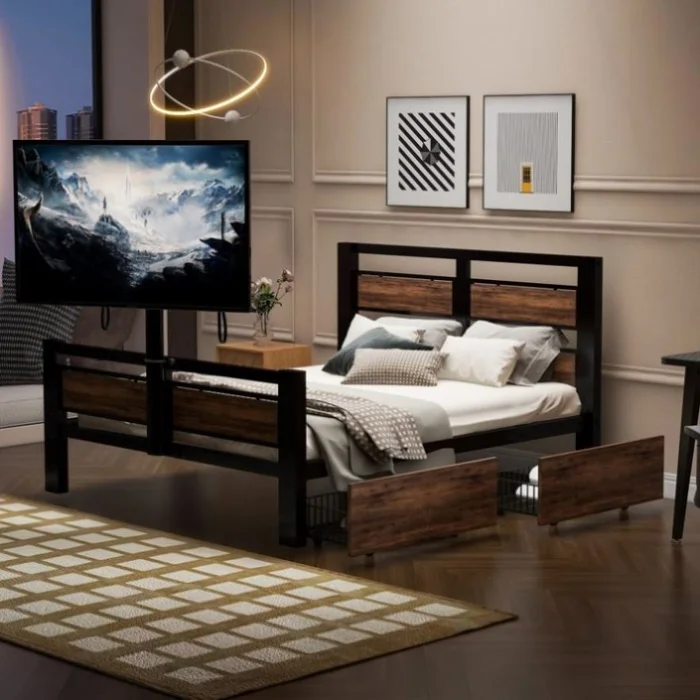Twin Size Metal Platform Bed with MDF Headboard and Footboard,Two Storage Drawers and Rotatable TV GL-WF309871AAB