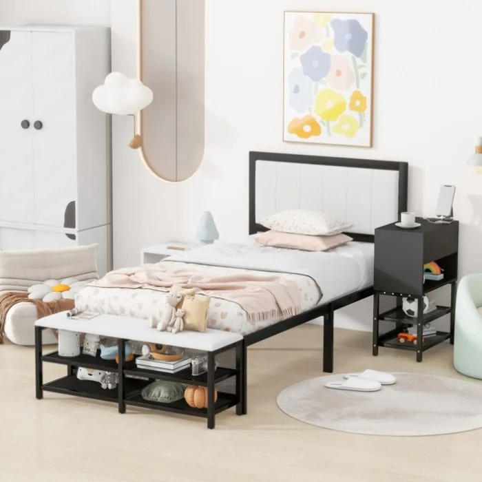 Twin size Metal Platform Bed with Two-Tier Storage Shelves, Wooden Storage Cabinet, Black GL-N737P199330B