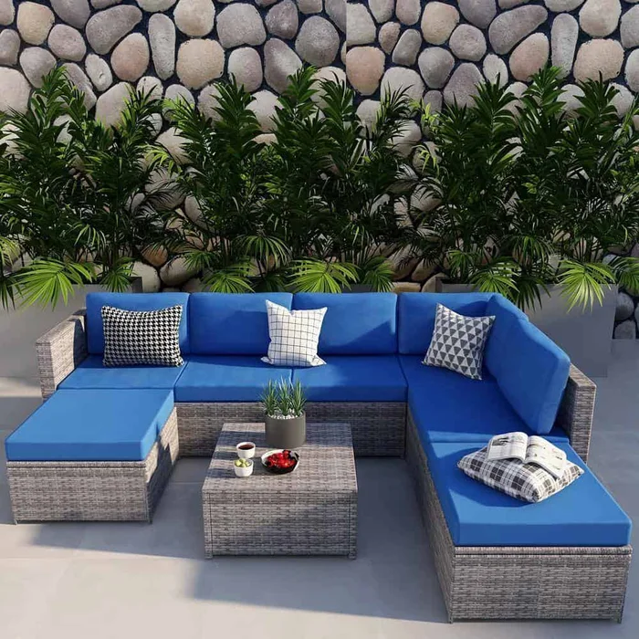 Uixe Gray 7-Seater Wicker Outdoor Rattan Sectional Sofa Set with Blue Cushions