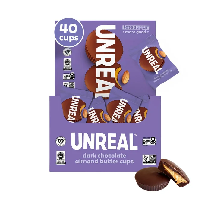UNREAL Dark Chocolate Almond Butter Cups, 5g Sugar, Certified Vegan, Gluten Free, Fair Trade, Non-GMO, 0.53 Ounce (Pack of 40)