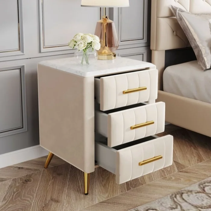 Upholstered Wooden Nightstand with 3 Drawers and Metal Legs&Handles, Bedside Table with Marbling GL-N733P208520A