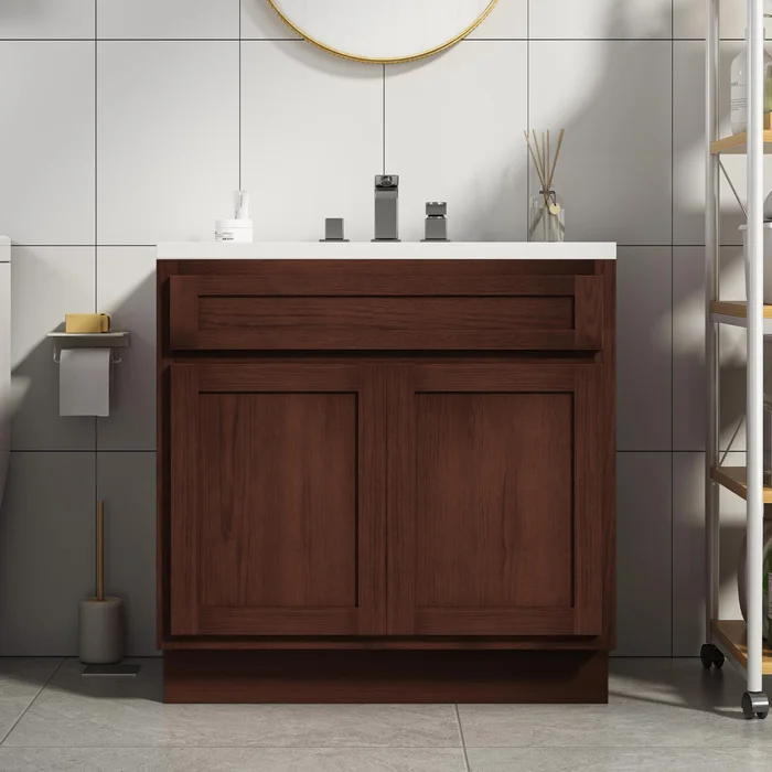 Vanity Art 39 Inch Double Shutter Door Bathroom Vanity Base Cabinet with Soft Closing Shaker Drawer, Brown