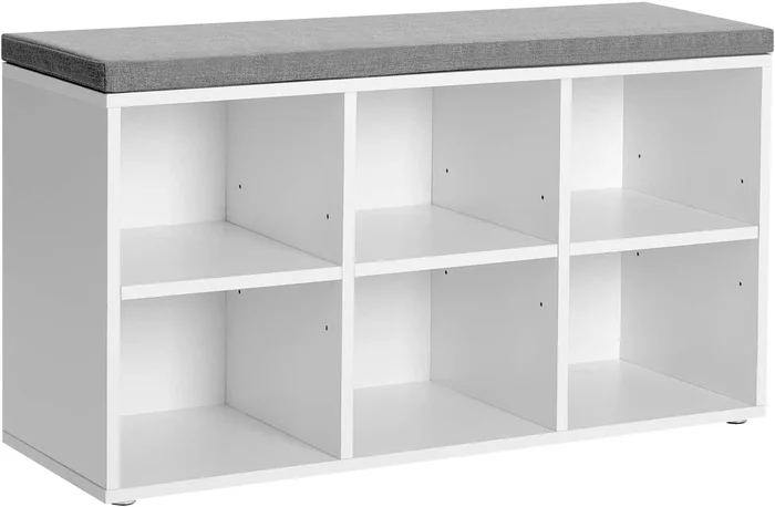 VASAGLE Shoe Bench, Shoe Storage Organizer with 6 Compartments and 3 Adjustable Shelves, White and Gray ULHS23WT