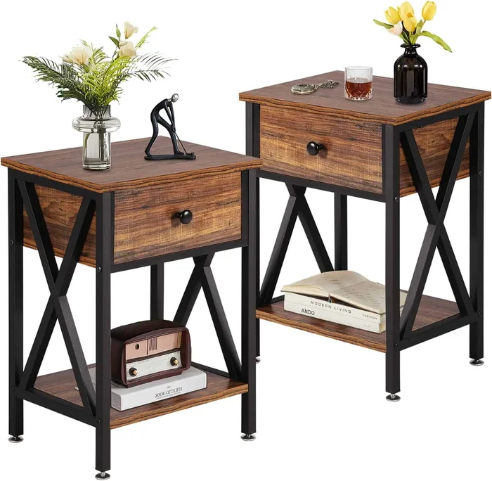 VECELO Night Stands for Bedroom Nightstand Bedside End Tables with Drawer Storage, (Set of 2), Rustic Brown