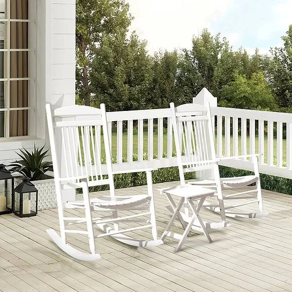 VEIKOUS 3-Piece Cedar Wood Rocking Chair Set – White Patio Conversation Set
