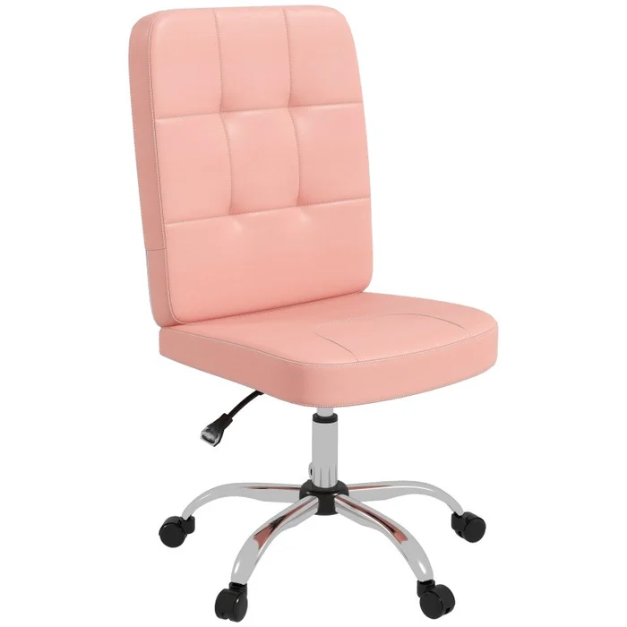 Vinsetto Armless Office Chair, Faux Leather Desk Chair with Adjustable Height, Button Tufted, Pink