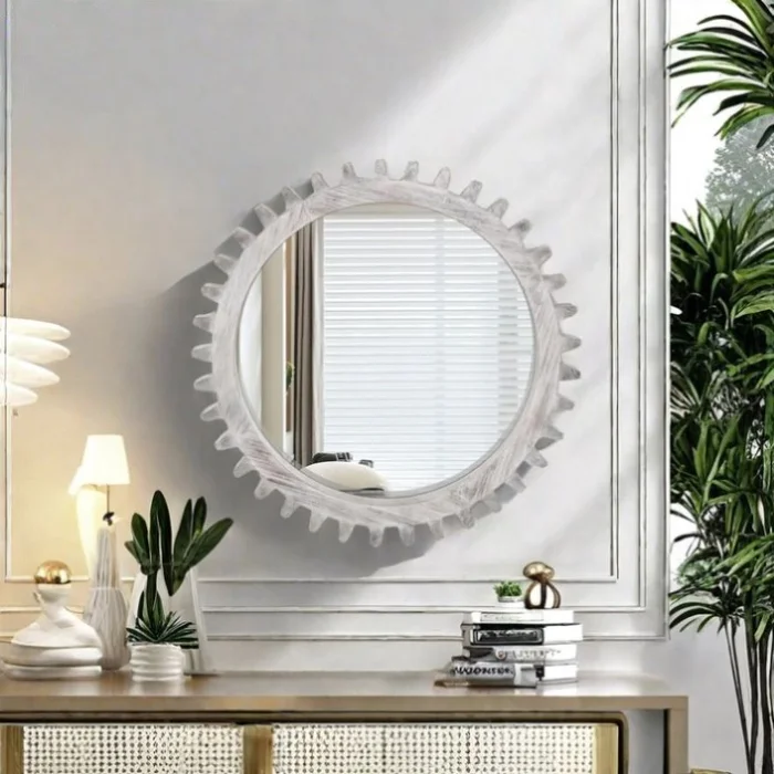 Vintage 26” x 26” Wall Wood Round Hanging Gear Shape Heavy Decorative Mirror For Bathroom Living GL-W1445P171992