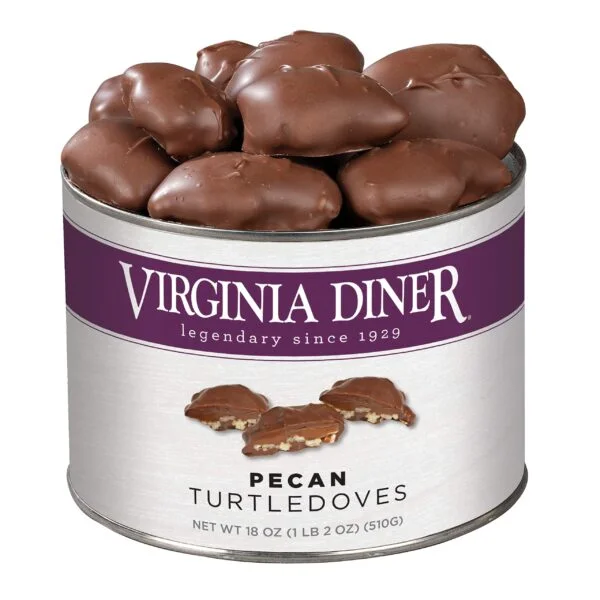 Virginia Diner Chocolate Pecan Turtledoves Candy Clusters with Caramel – 18 Oz Can