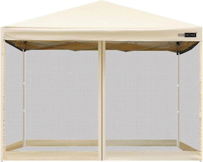VIVOHOME 210D Oxford Outdoor Easy Pop Up Canopy Screen Party Tent with Mesh Side Walls (8 x 8 FT, Beige)