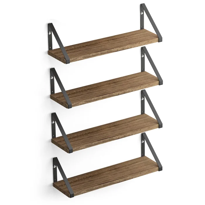 Wallniture Ponza 17″ Wall Shelf Rustic Decor Set of 4 Floating Shelves, Wood, Natural Burned