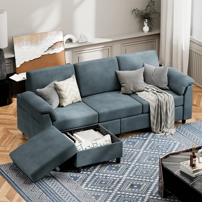 Walsunny 79″ Convertible Sectional Sofa Couch With Ottoman, Linen Fabric L Shaped Sofa with Removable Pillows Dark Gray