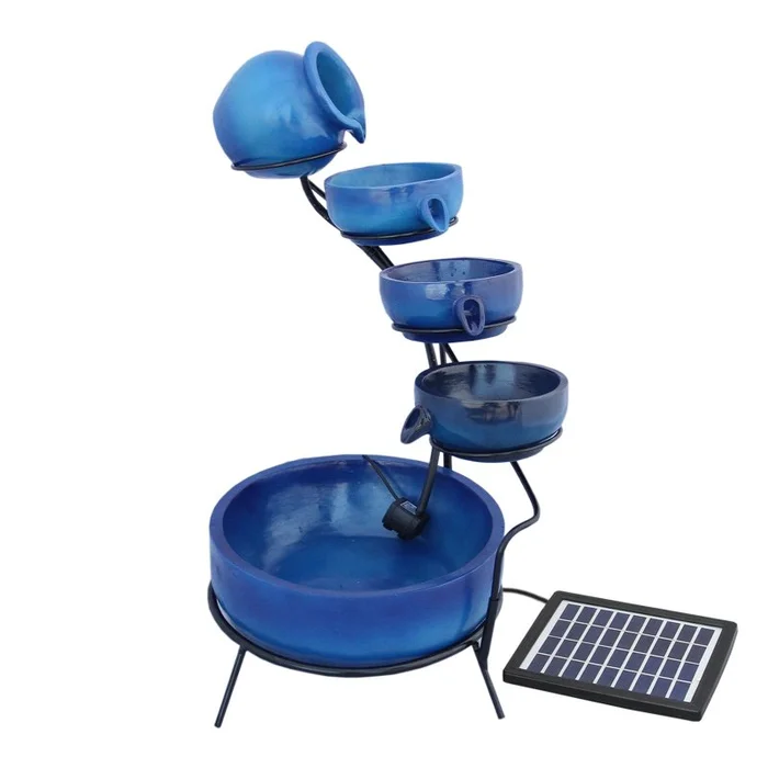 Water Feature Garden Fountain Solar Powered Outdoor Garden Cascade Ornament D̩cor Patio Resin Blue Freestanding Cascading 4 Tier Spilling Bowls