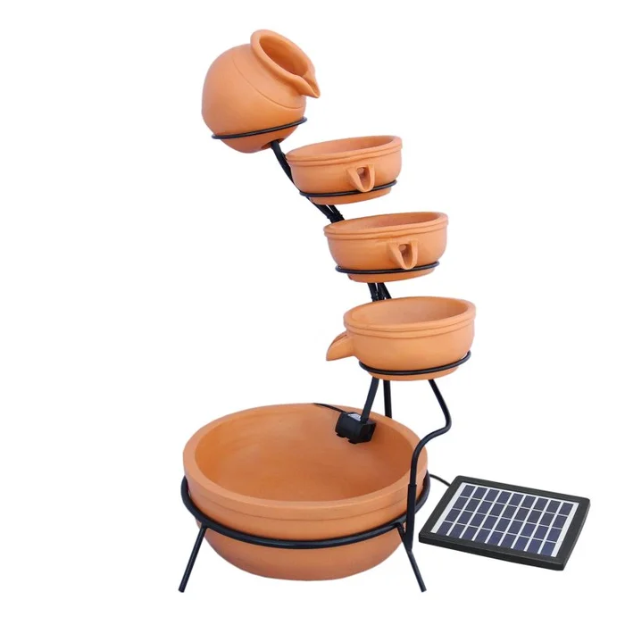 Water Feature Garden Fountain Solar Powered Outdoor Garden Cascade Ornament D̩ecor Patio Resin Terracotta Freestanding Cascading 4 Tier Spilling Bowls