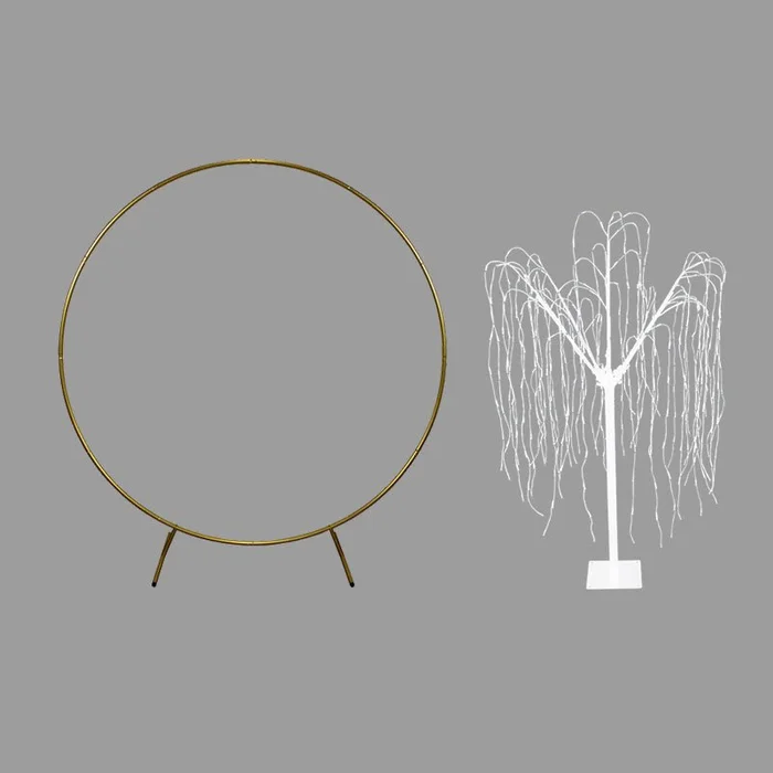 Wedding Moongate Gold Arch 2m/ 200cm & Weeping Willow Light Up Tree Warm White LED Metal Flat Base Arbour Background Decor Flower Balloon Circle Hoop Frame Outdoor Backdrop Decoration Prop