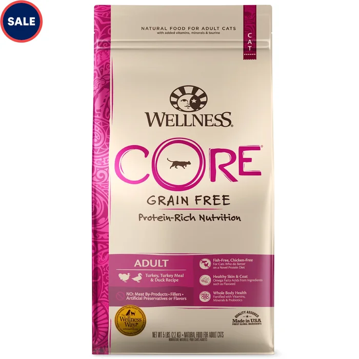 Wellness CORE Natural Grain Free Turkey Turkey Meal & Duck Dry Cat Food, 5-Pound Bag