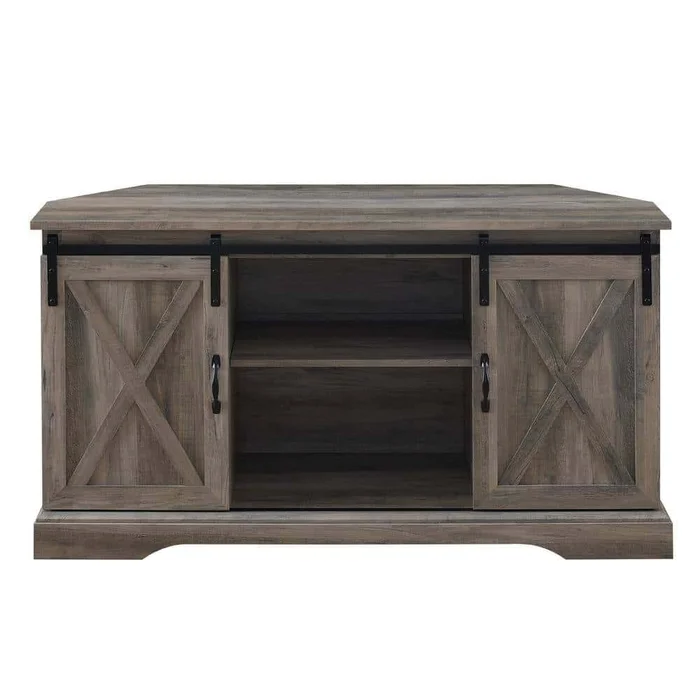 Welwick Designs 52 in. Grey Wash Wood Farmhouse Corner TV Stand with 2-Sliding Barn Doors fits TVs up to 58 in.
