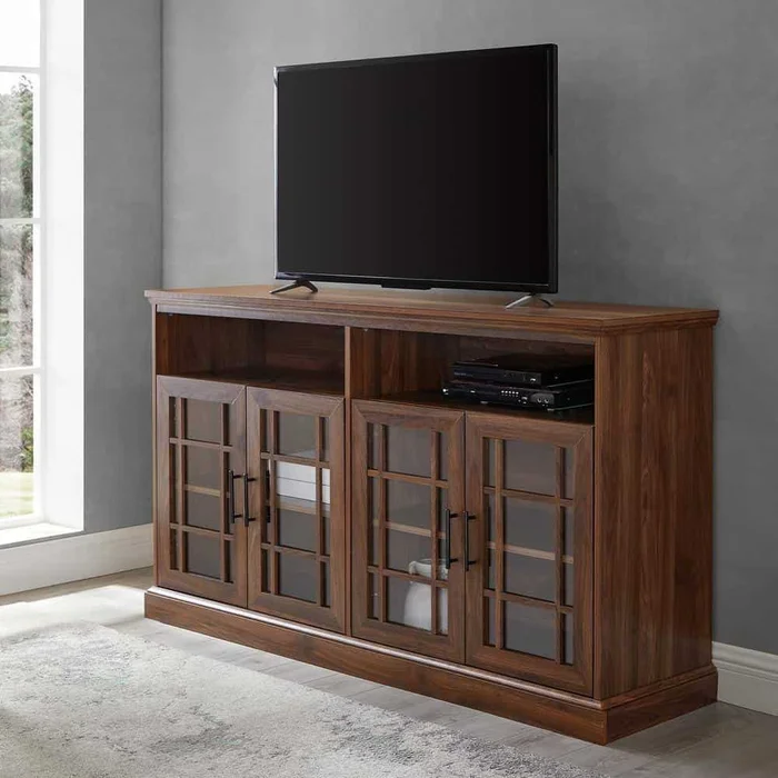 Welwick Designs 58 in. Dark Walnut Wood TV Stand Fits TVs Up to 64 in. with Storage Doors