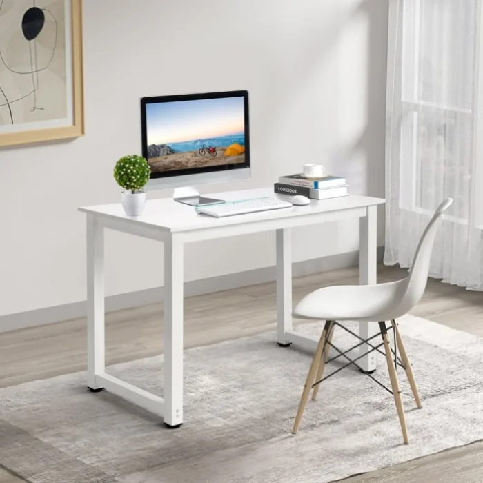 white desktop + white pipe frame P2 particleboard with triamine steel feet 110cm computer desk 76997626
