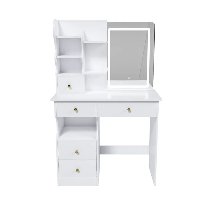 White dressing table, mirror and LED light, 5-drawer dressing table, movable and hidden mirror, 25456089