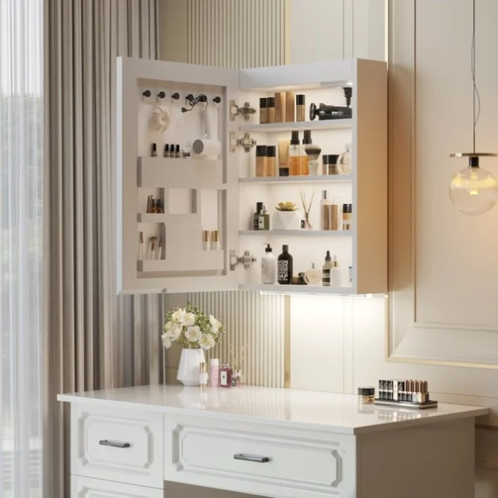 White Particleboard LED Mirror Cabinet , Acrylic Frame, 1 Door, 4 Shelves, with Time & 64671895