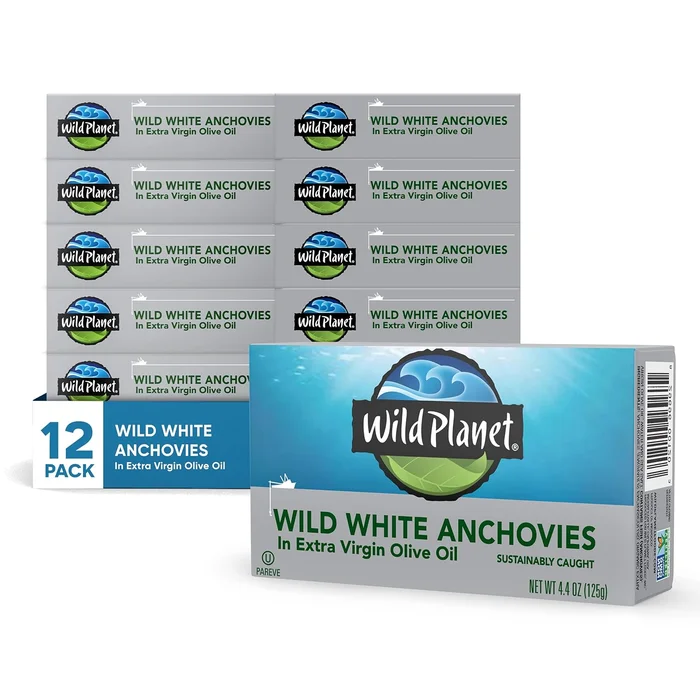 Wild Planet Wild White Anchovies in Extra Virgin Olive Oil, Tinned Fish, 4.4 Ounce, Pack of 12