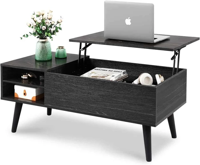 WLIVE Wood Lift Top Coffee Table with Hidden Compartment and Adjustable Storage Shelf, Charcoal Black