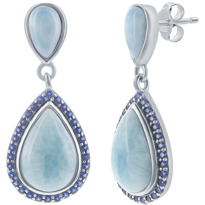 Women’s Earrings – Double Pearshaped Blue Larimar and CZ | D-7740
