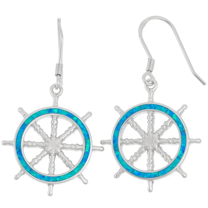 Women’s Earrings – Sterling Silver Blue Inlay Opal Ship Wheel Shape | D-5902